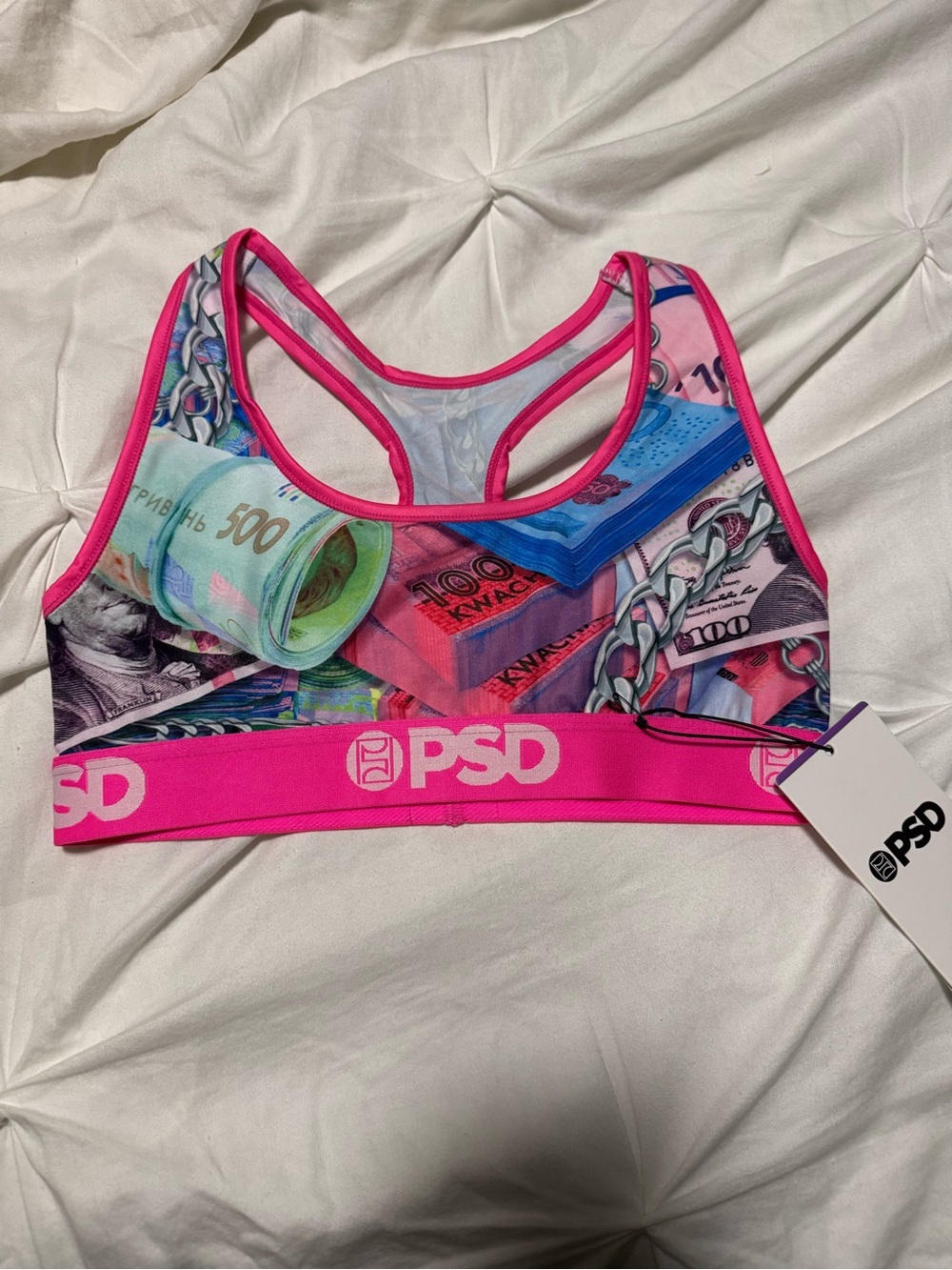 PSD Pink Graphic Money-Print Racerback Sports Bra Top NEW Sz M